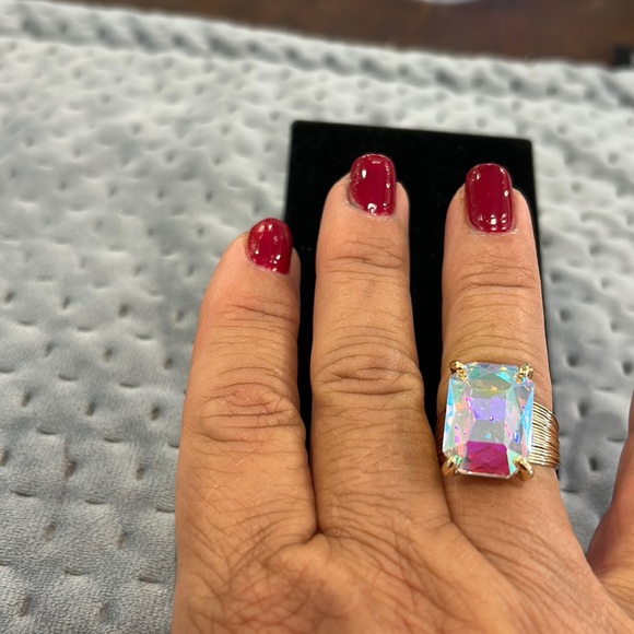 Stunning Aurora Borealis Emerald Cut Crystal Contemporary Ring-Adjustable - Picture 4 of 13